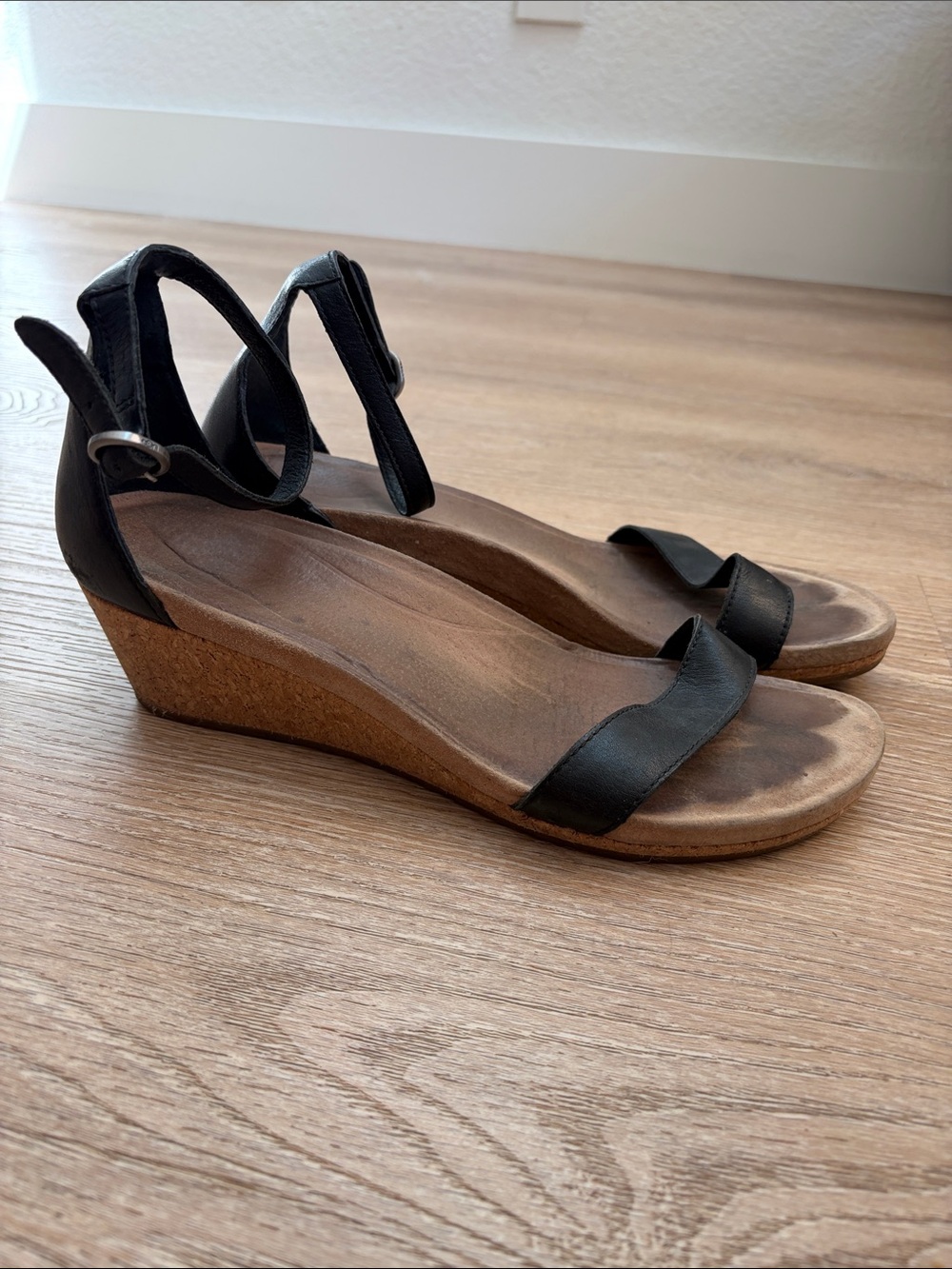 UGG Black Leather Cork Wedge Sandals size 10